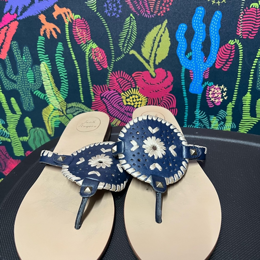 Navy and Gold Sandals with Floral Design